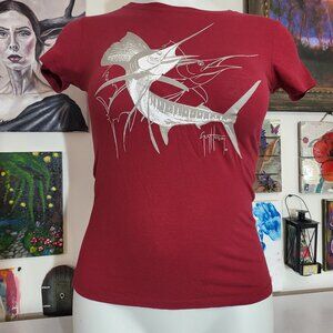 Guy Harvey Maroon Red Gray Marlin Women's T-shirt Size Medium